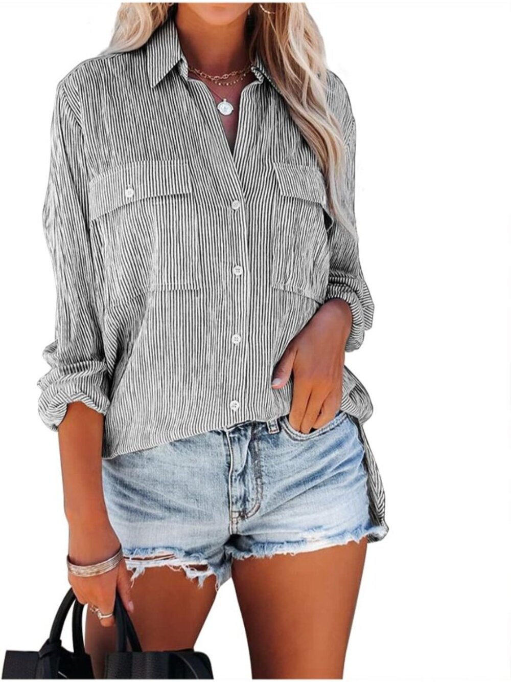 🆕Women's Black Long Sleeve Button Down V Neck Casual Imported Blouses Shirts